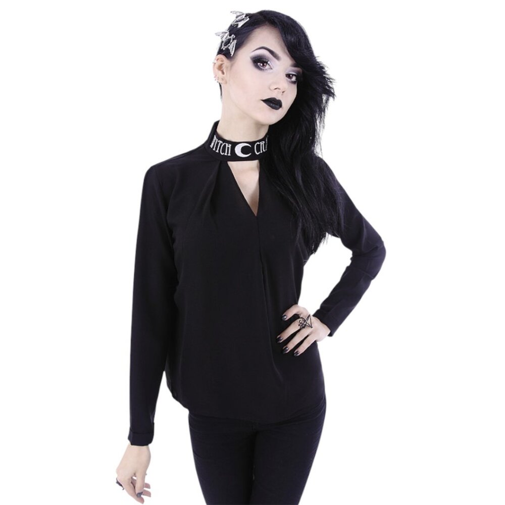 Restyle Witchcraft Moon V‑Neck Choker Blouse – Black, Gothic Long Sleeve Top XL